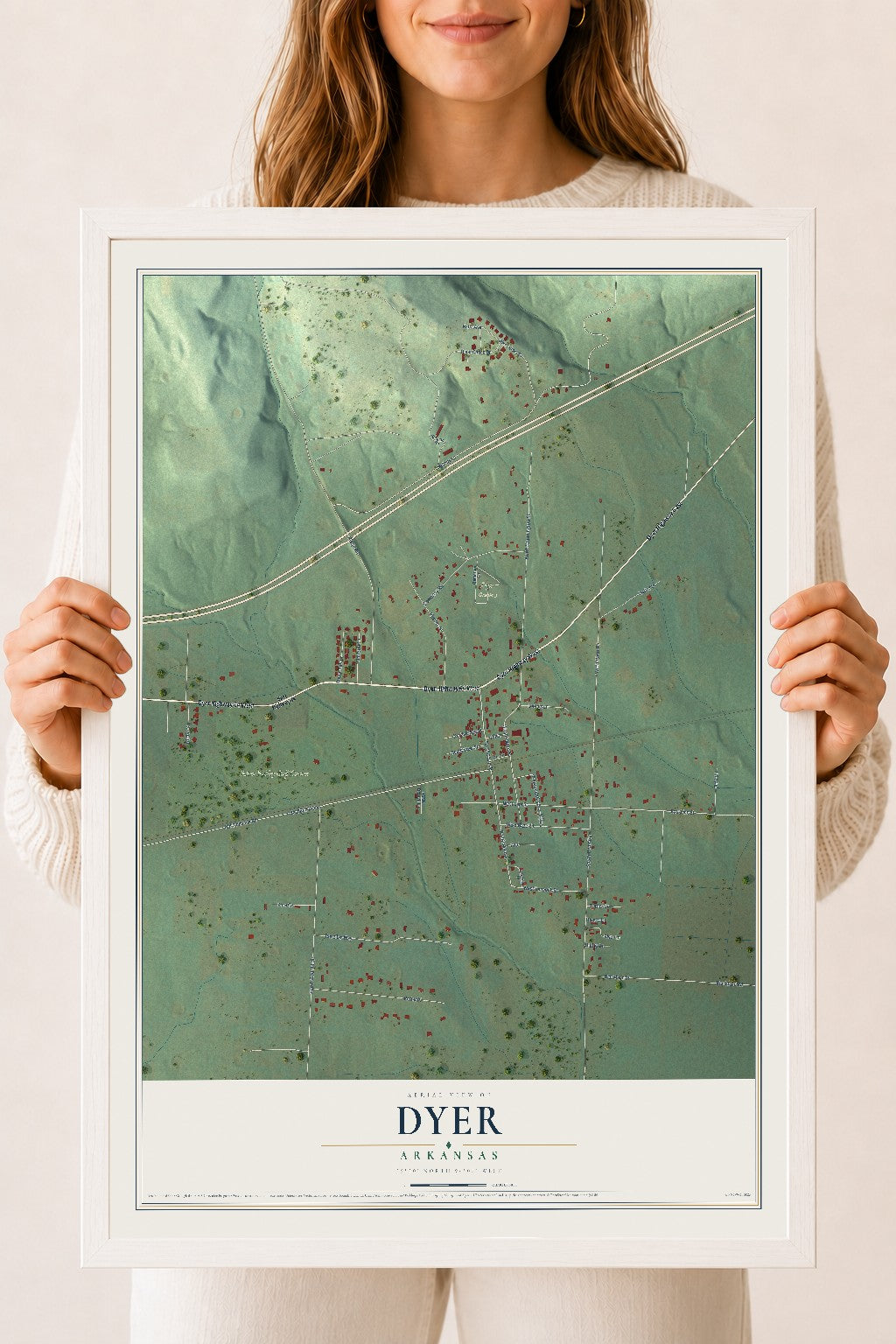 Map of Dyer, Arkansas, 18 x 24 inch print in a white wood frame