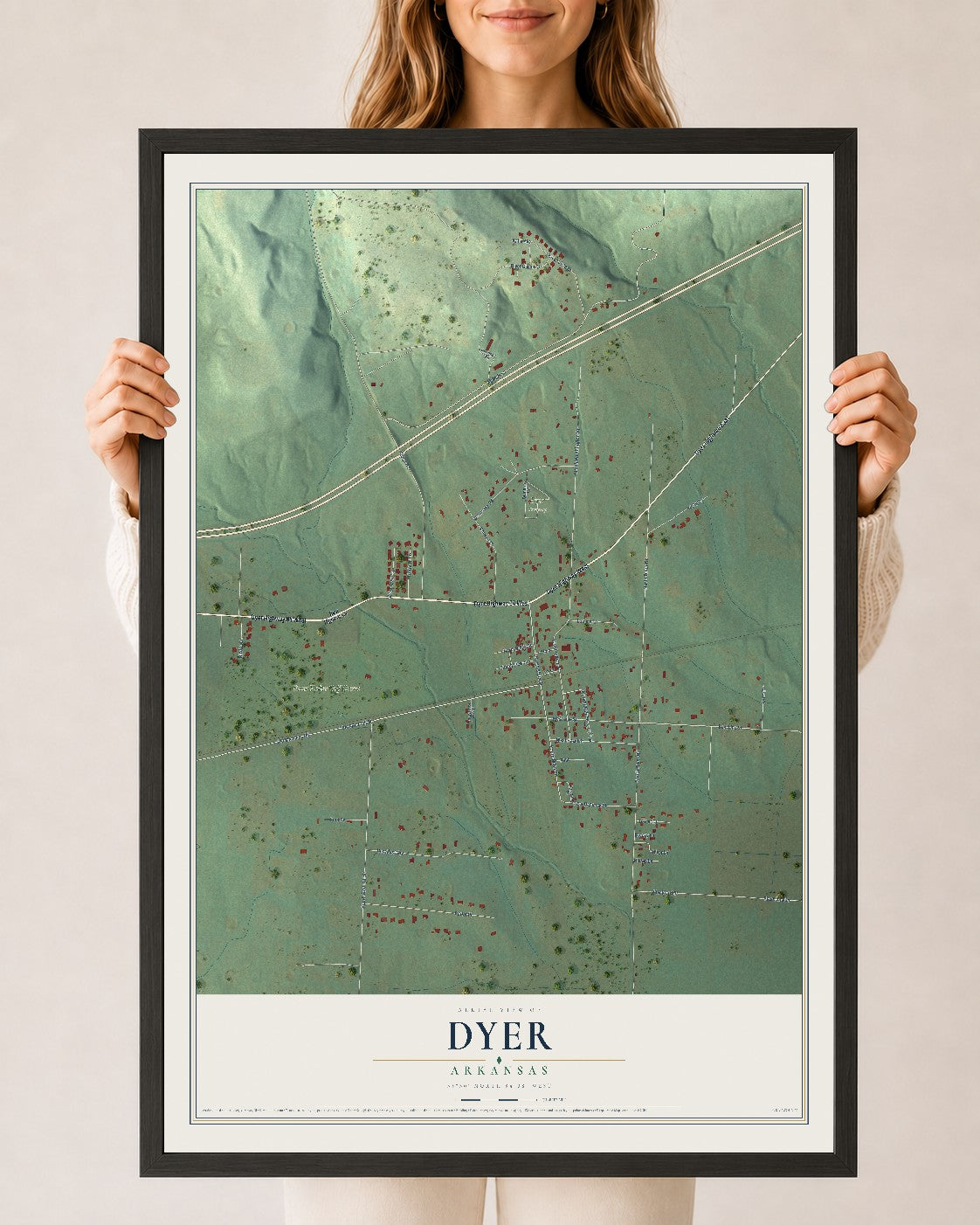 Map of Dyer, Arkansas, 24 x 36 inch print in a black wood frame