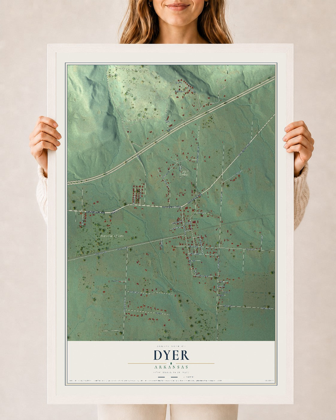Map of Dyer, Arkansas, 24 x 36 inch print in a white wood frame