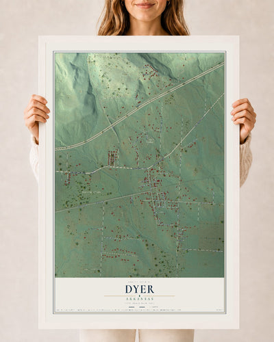 Map of Dyer, Arkansas, 24 x 36 inch print in a white wood frame