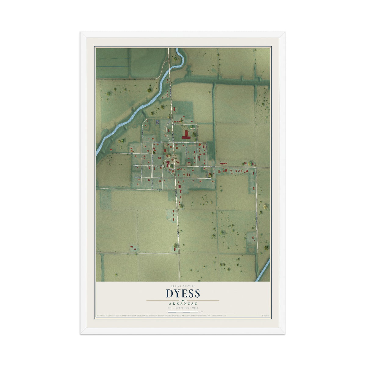 Map of Dyess, Arkansas, 12 x 18 inch print in a white wood frame