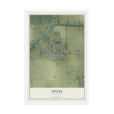 Map of Dyess, Arkansas, 12 x 18 inch print in a white wood frame