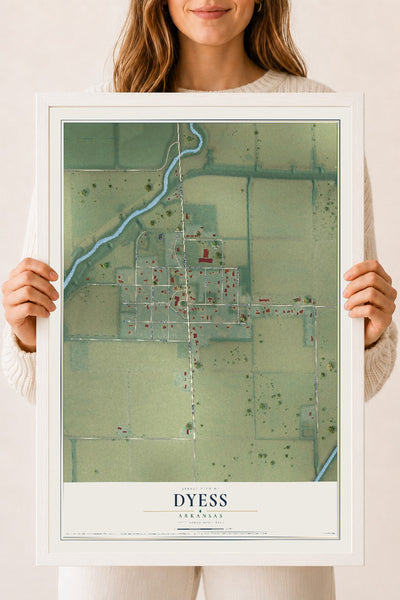 Map of Dyess, Arkansas, 18 x 24 inch print in a white wood frame