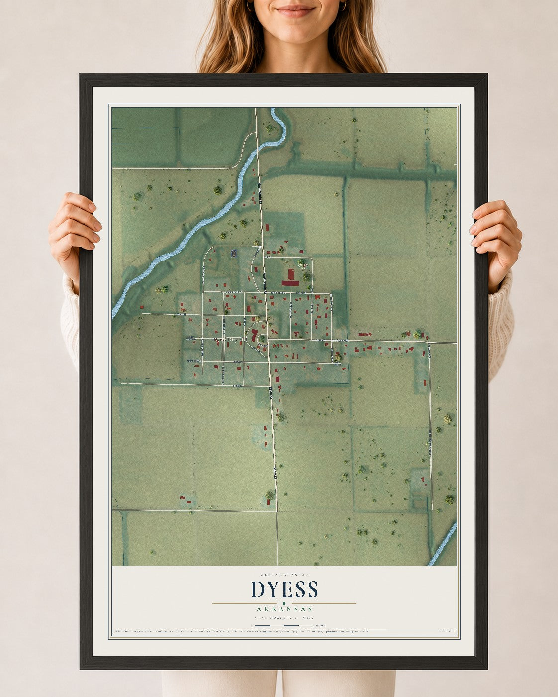 Map of Dyess, Arkansas, 24 x 36 inch print in a black wood frame