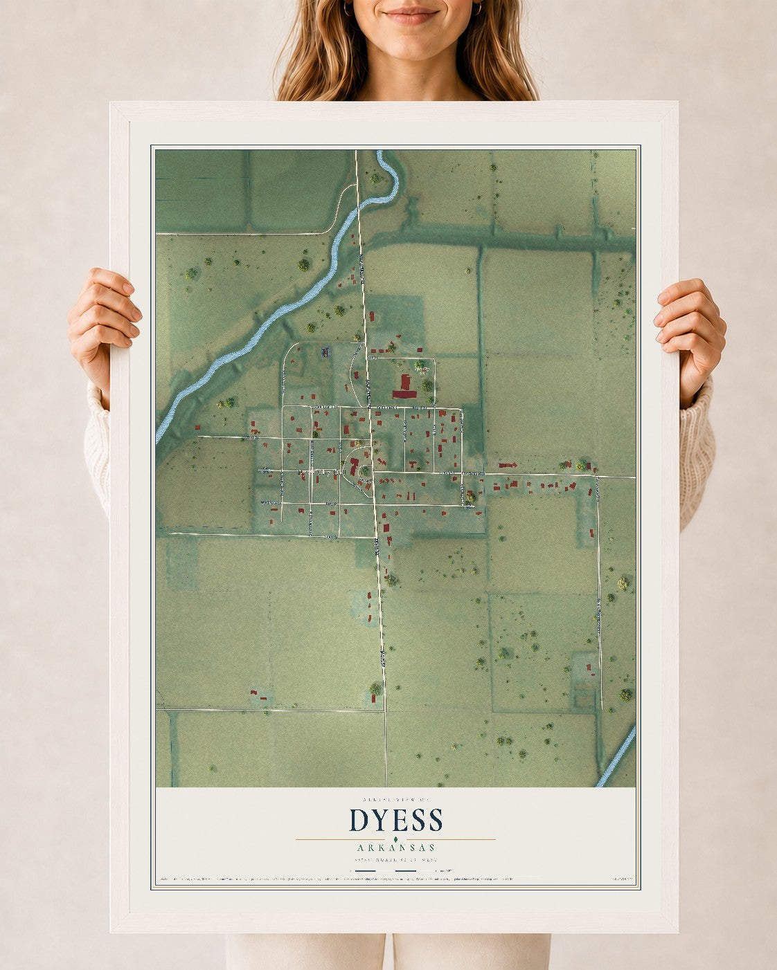 Map of Dyess, Arkansas, 24 x 36 inch print in a white wood frame
