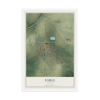 Map of Earle, Arkansas, 12 x 18 inch print in a white wood frame