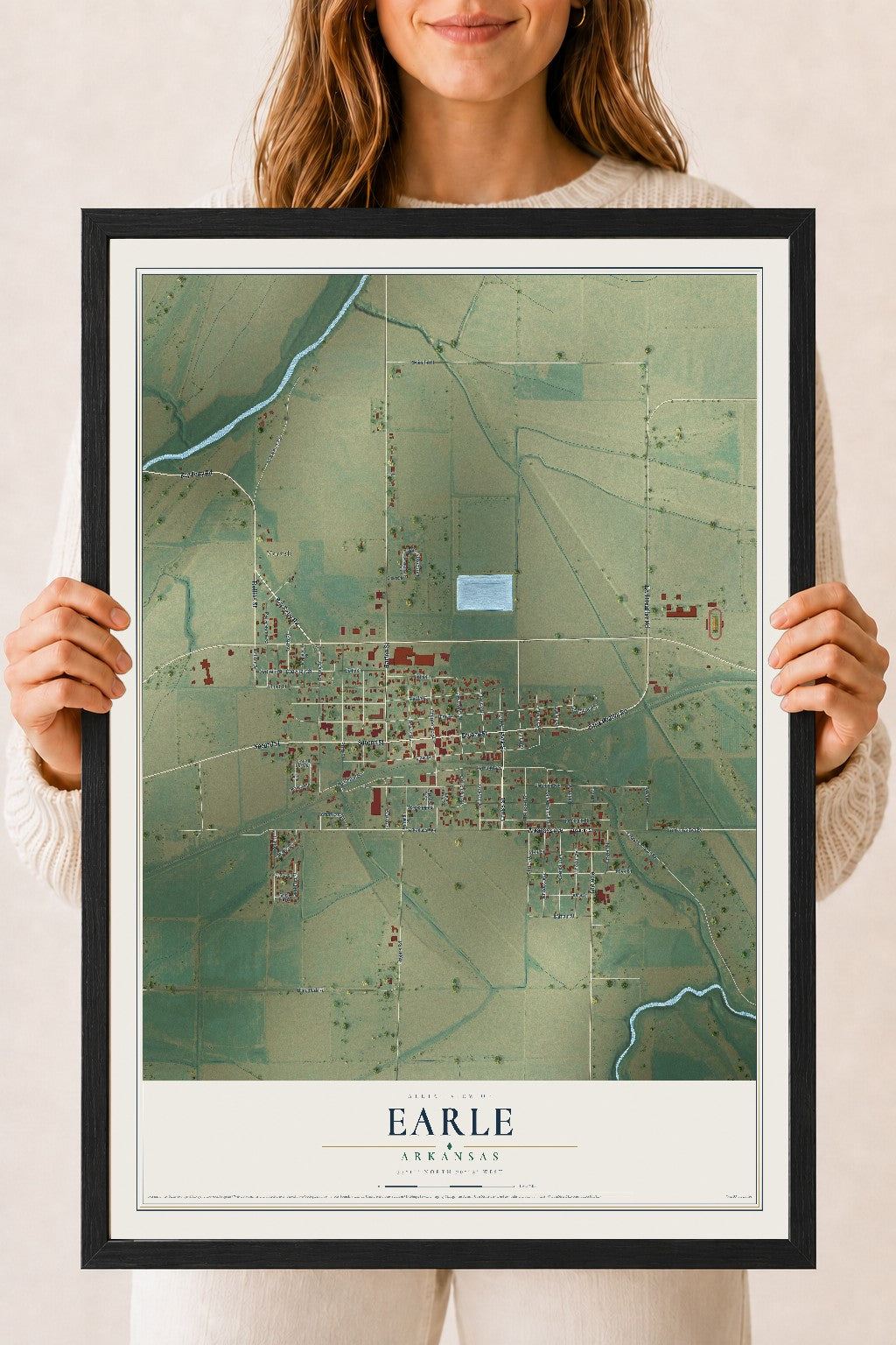 Map of Earle, Arkansas, 18 x 24 inch print in a black wood frame