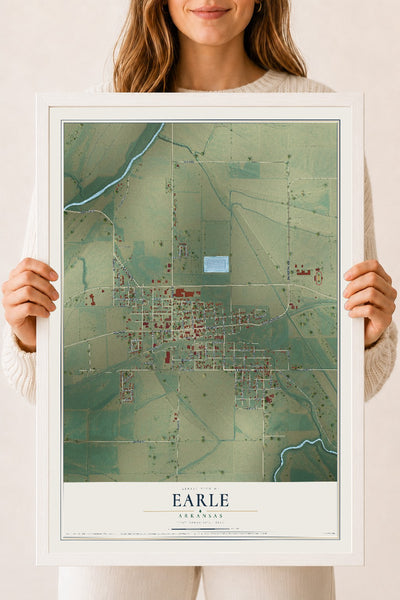 Map of Earle, Arkansas, 18 x 24 inch print in a white wood frame
