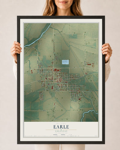 Map of Earle, Arkansas, 24 x 36 inch print in a black wood frame