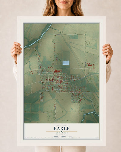 Map of Earle, Arkansas, 24 x 36 inch print in a white wood frame