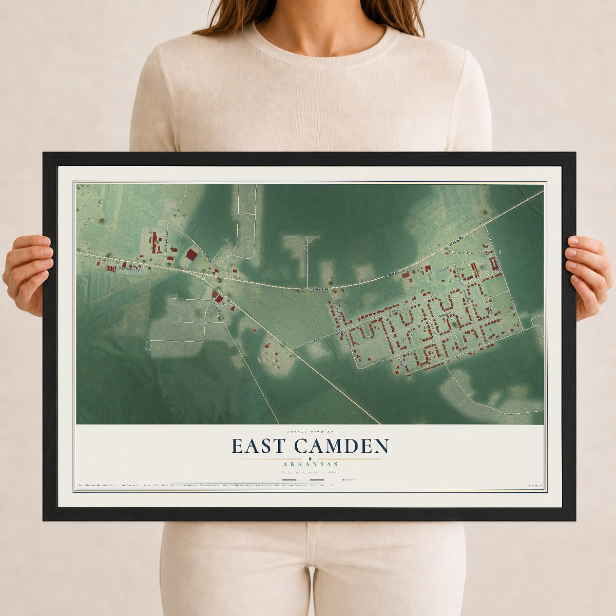 Map of East Camden, Arkansas, 12 x 18 inch print in a black wood frame