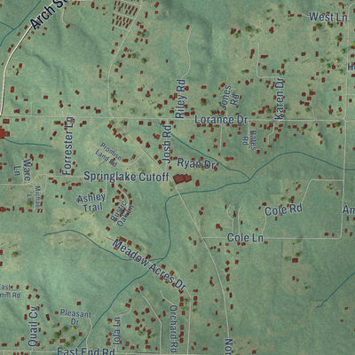 Close-up of the map of East End, Arkansas print showing street and building detail