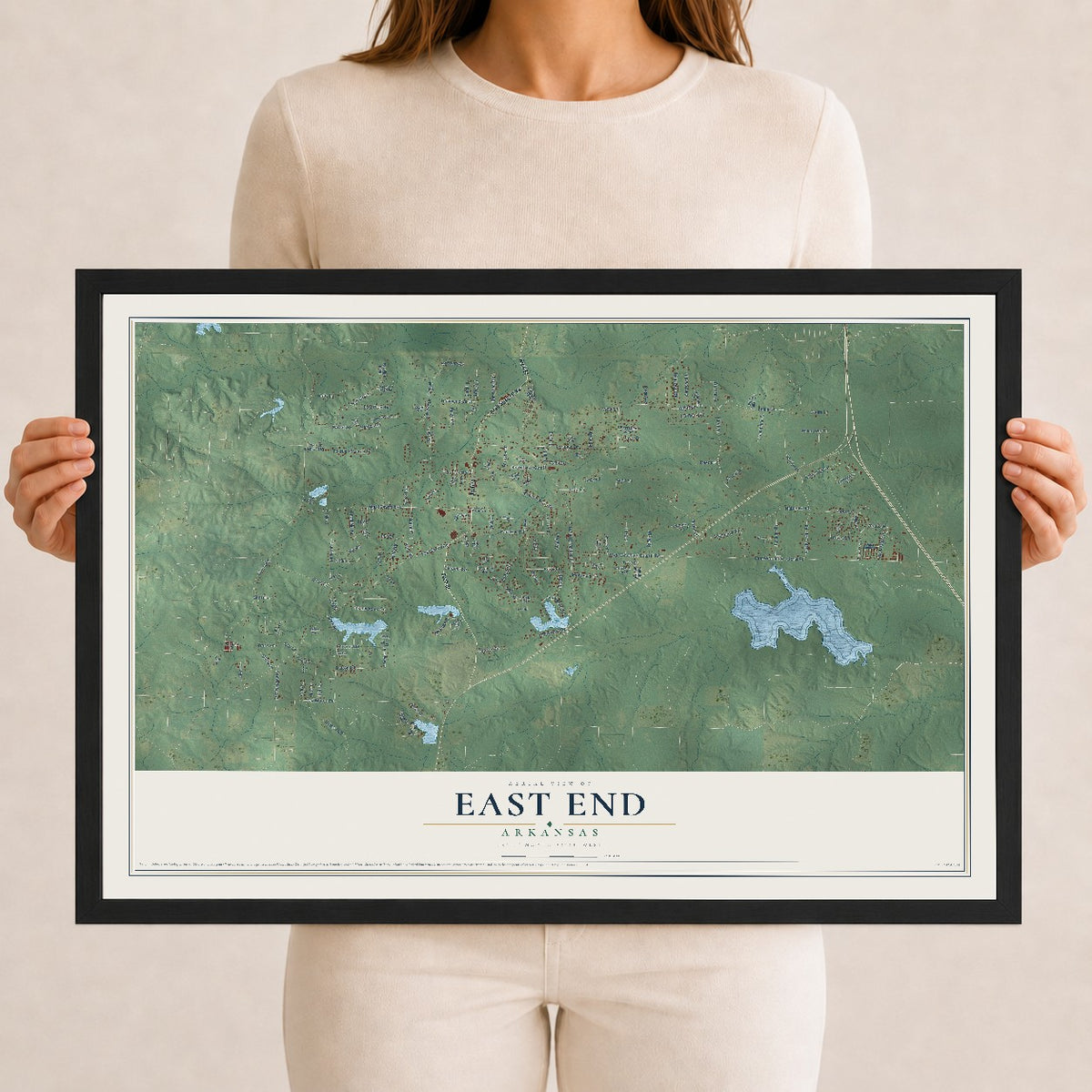 Map of East End, Arkansas, 12 x 18 inch print in a black wood frame