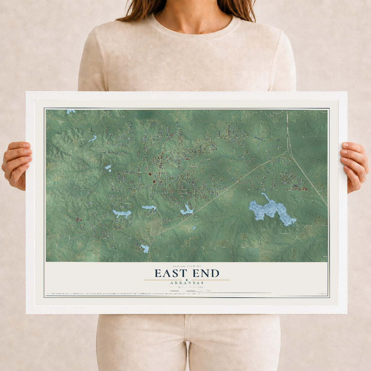 Map of East End, Arkansas, 12 x 18 inch print in a white wood frame