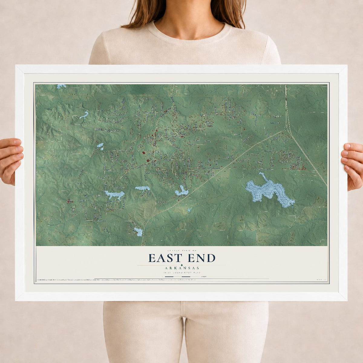 Map of East End, Arkansas, 18 x 24 inch print in a white wood frame