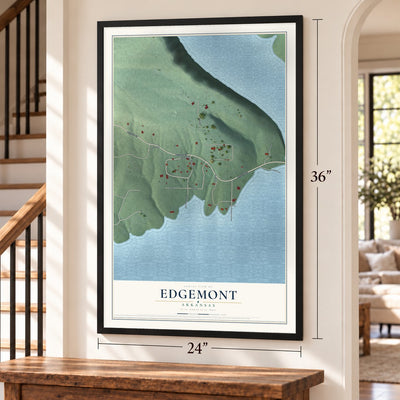 Edgemont, Arkansas map, 24 x 36 inch print in a black frame by a staircase