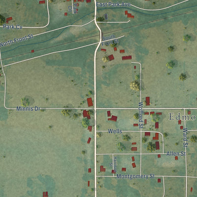Close-up of the map of Edmondson, Arkansas print showing street and building detail