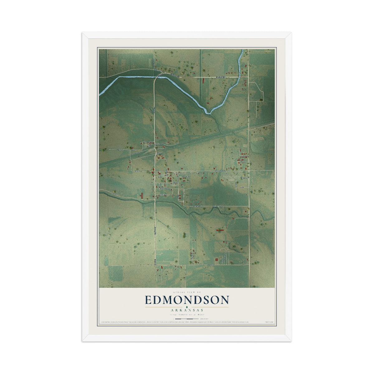 Map of Edmondson, Arkansas, 12 x 18 inch print in a white wood frame