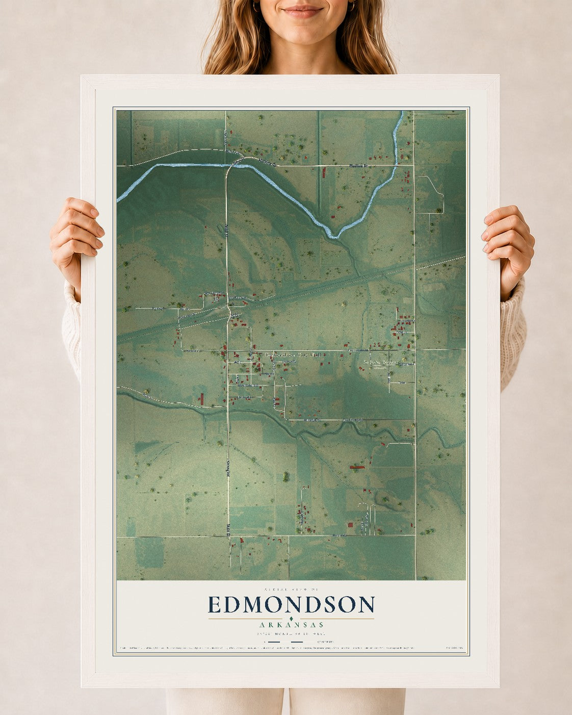 Map of Edmondson, Arkansas, 24 x 36 inch print in a white wood frame