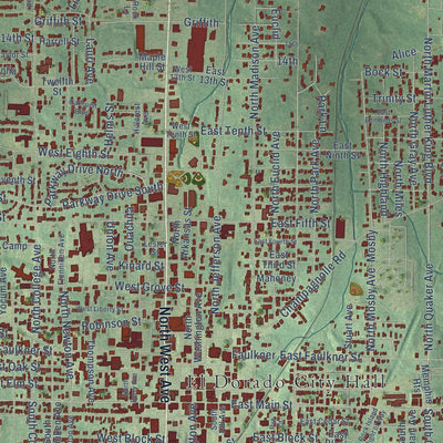 Close-up of the map of El Dorado, Arkansas print showing street and building detail