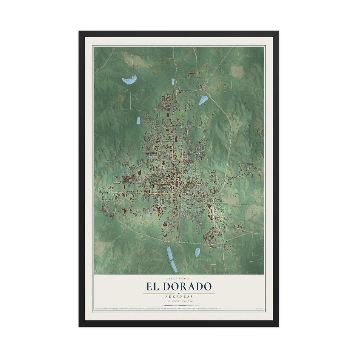 Map of El Dorado, Arkansas, 12 x 18 inch print in a black wood frame