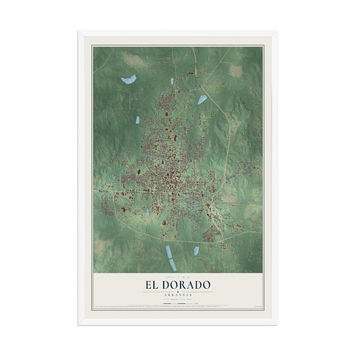 Map of El Dorado, Arkansas, 12 x 18 inch print in a white wood frame