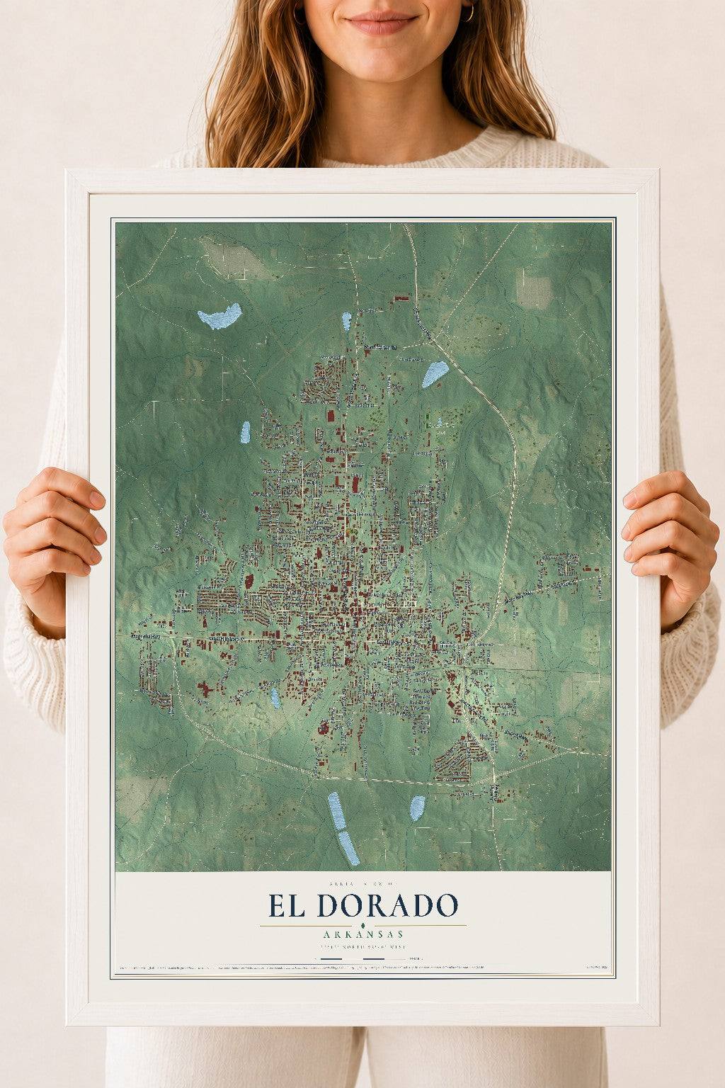 Map of El Dorado, Arkansas, 18 x 24 inch print in a white wood frame