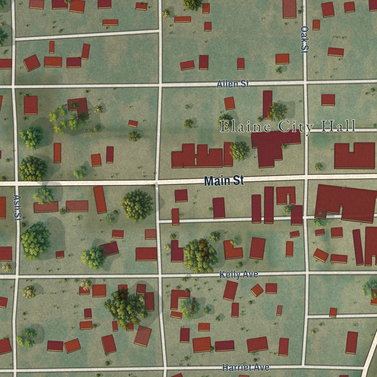 Close-up of the map of Elaine, Arkansas print showing street and building detail