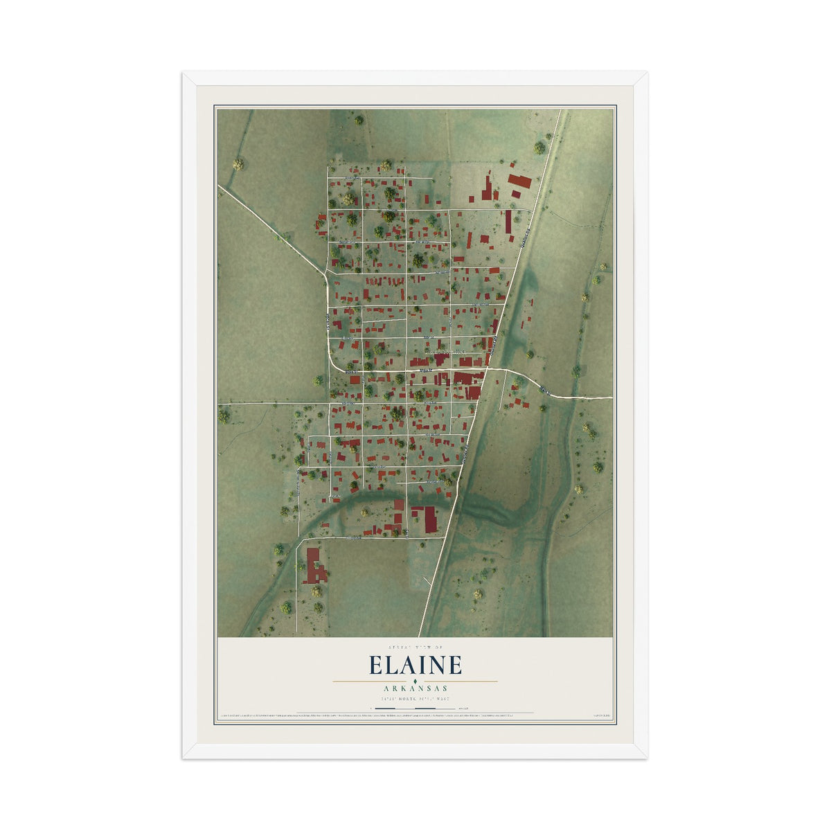 Map of Elaine, Arkansas, 12 x 18 inch print in a white wood frame