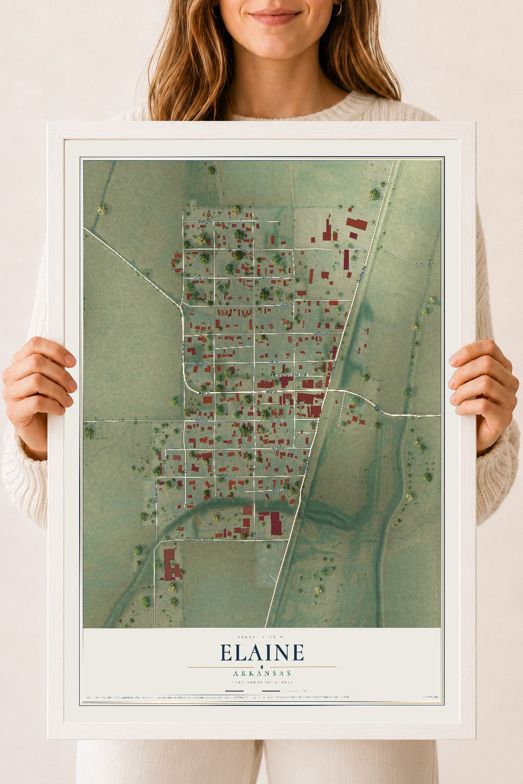 Map of Elaine, Arkansas, 18 x 24 inch print in a white wood frame