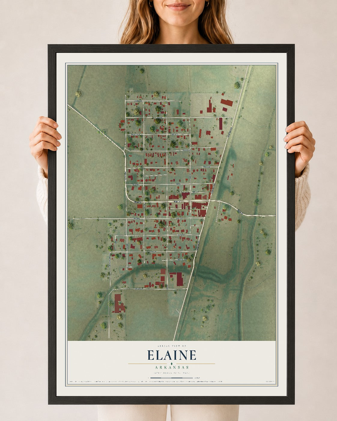 Map of Elaine, Arkansas, 24 x 36 inch print in a black wood frame