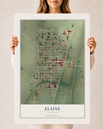 Map of Elaine, Arkansas, 24 x 36 inch print in a white wood frame