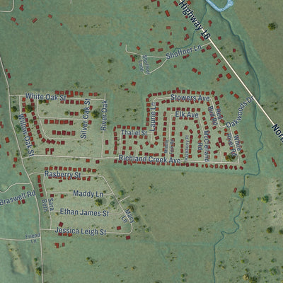 Close-up of the map of Elkins, Arkansas print showing street and building detail