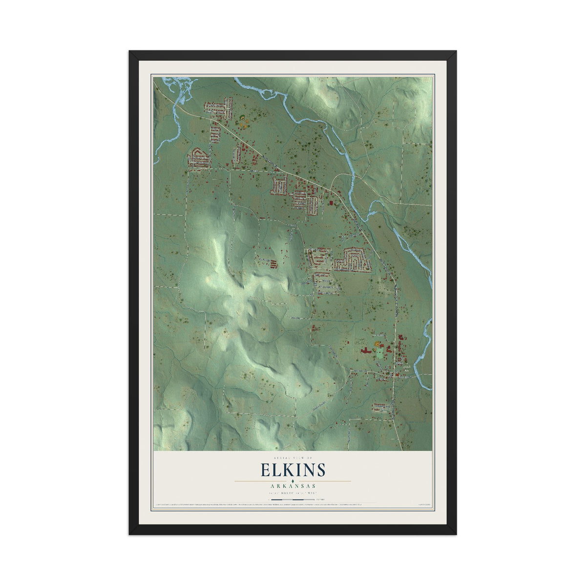 Map of Elkins, Arkansas, 12 x 18 inch print in a black wood frame
