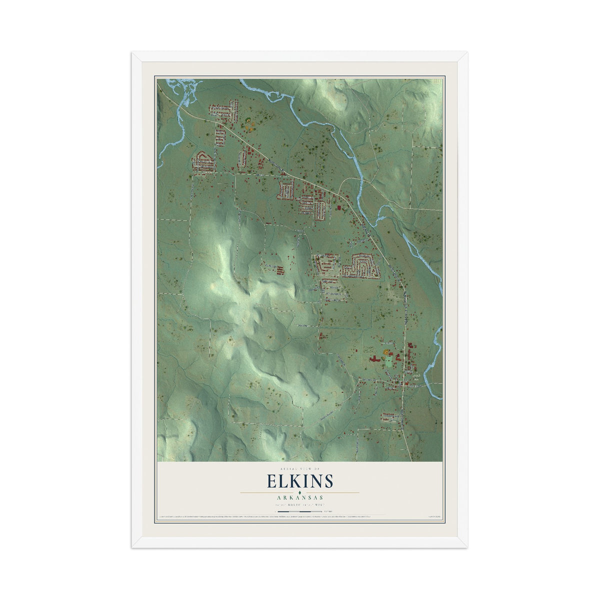 Map of Elkins, Arkansas, 12 x 18 inch print in a white wood frame