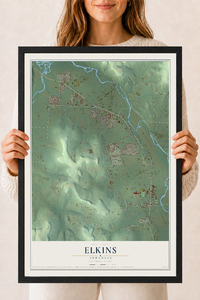 Map of Elkins, Arkansas, 18 x 24 inch print in a black wood frame