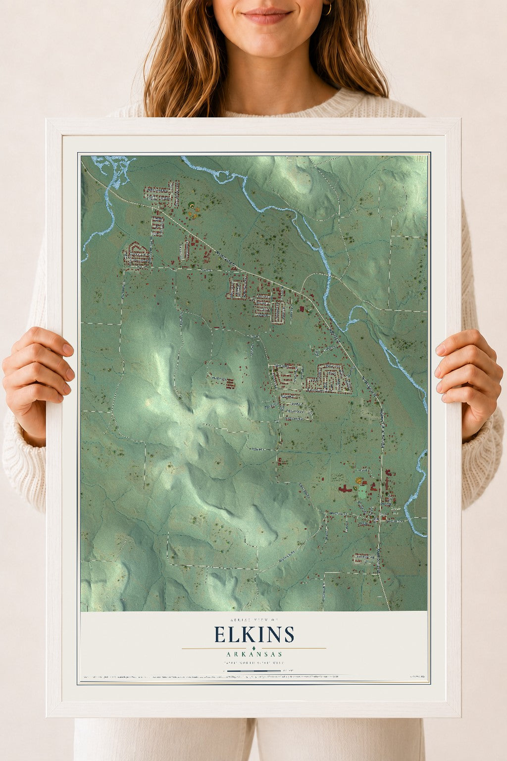 Map of Elkins, Arkansas, 18 x 24 inch print in a white wood frame