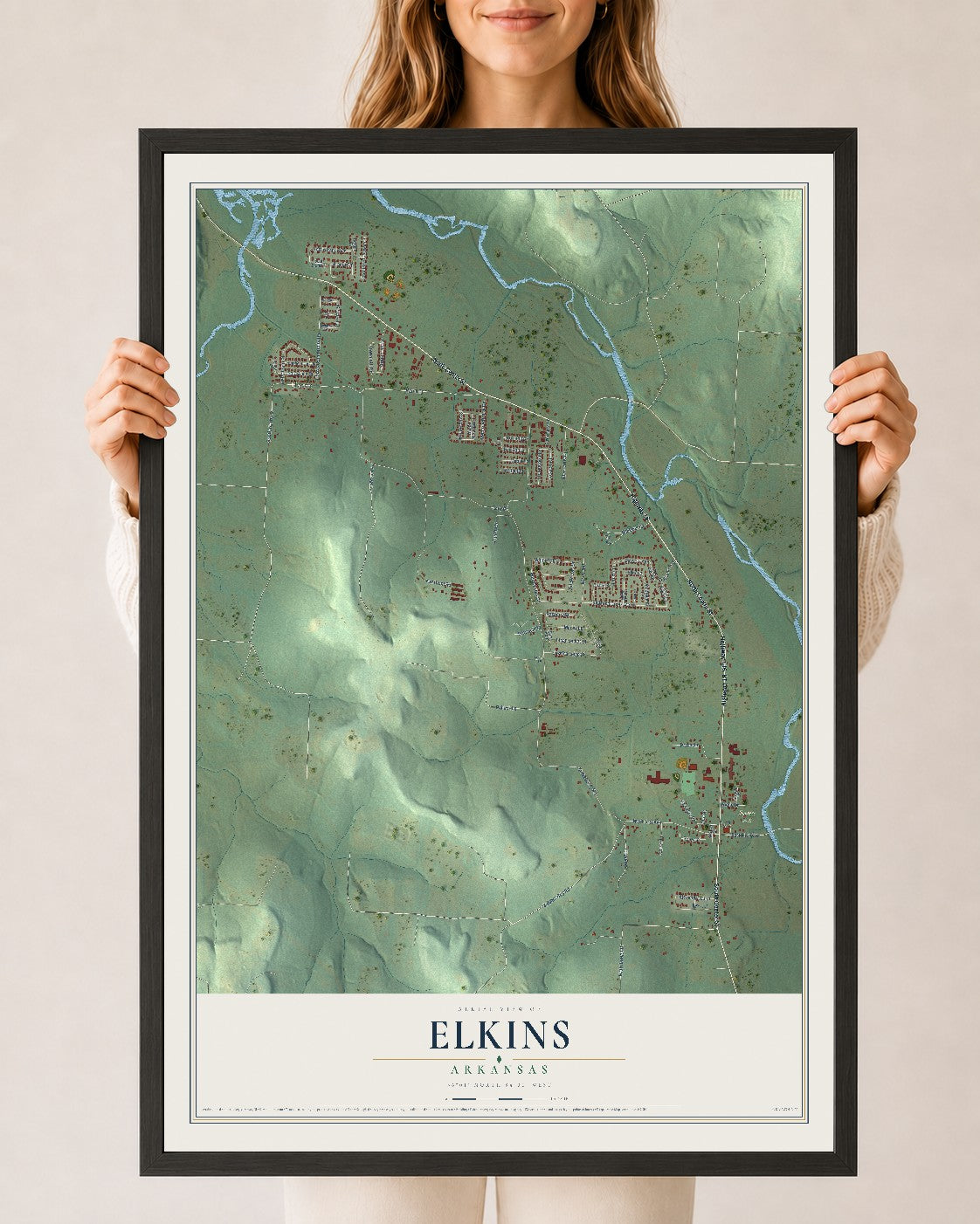 Map of Elkins, Arkansas, 24 x 36 inch print in a black wood frame