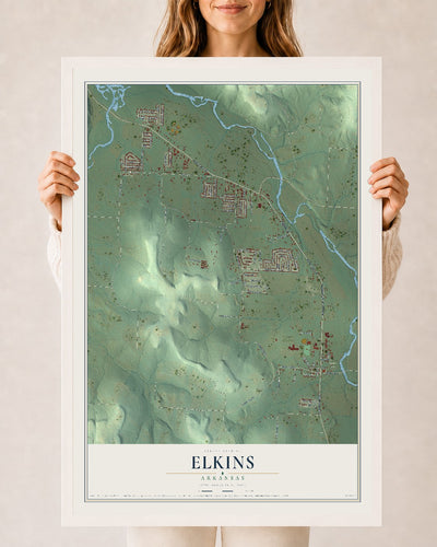 Map of Elkins, Arkansas, 24 x 36 inch print in a white wood frame