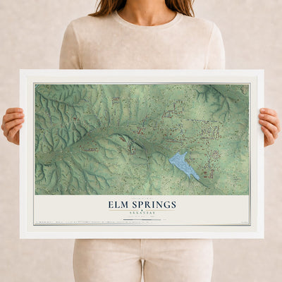 Map of Elm Springs, Arkansas, 12 x 18 inch print in a white wood frame