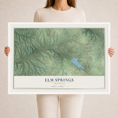 Map of Elm Springs, Arkansas, 24 x 36 inch print in a white wood frame