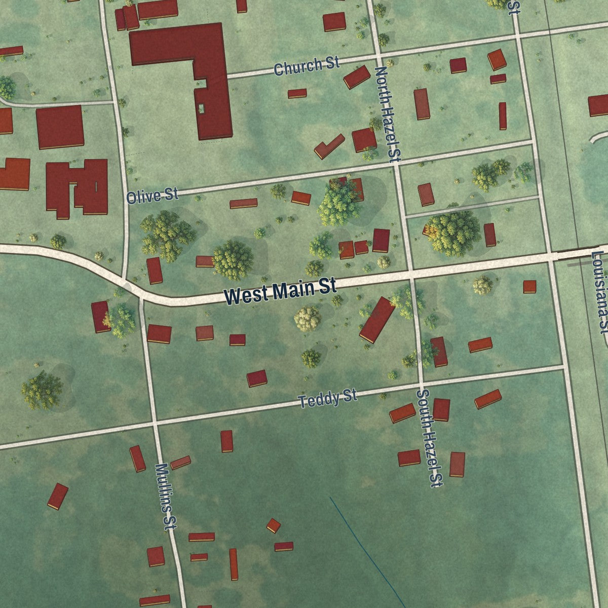 Close-up of the map of Emerson, Arkansas print showing street and building detail