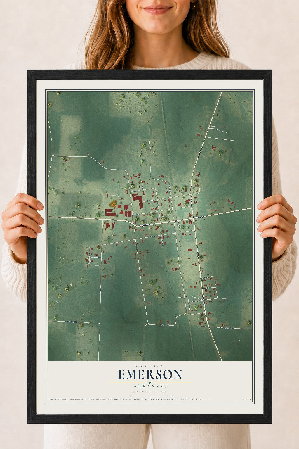 Map of Emerson, Arkansas, 18 x 24 inch print in a black wood frame