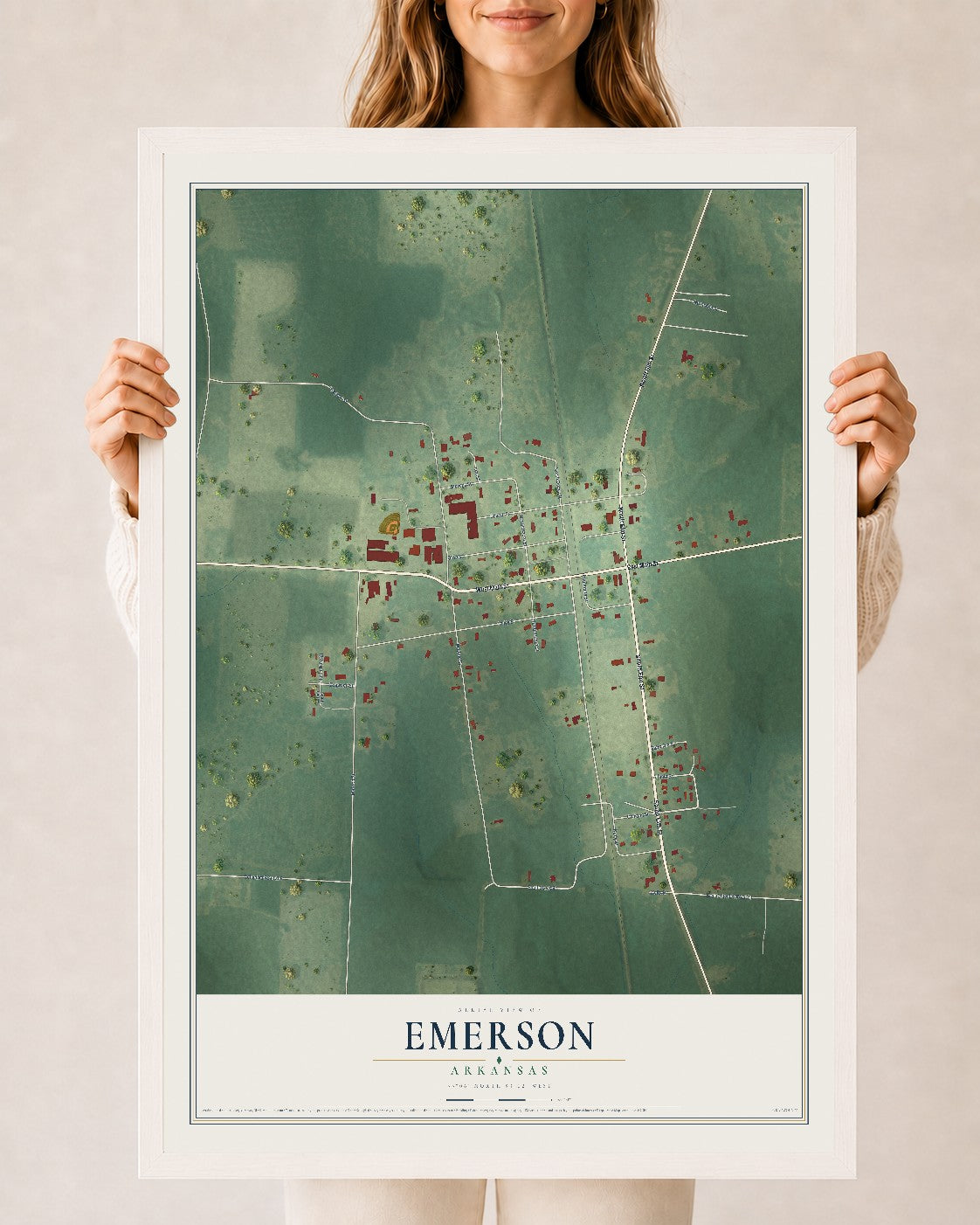 Map of Emerson, Arkansas, 24 x 36 inch print in a white wood frame
