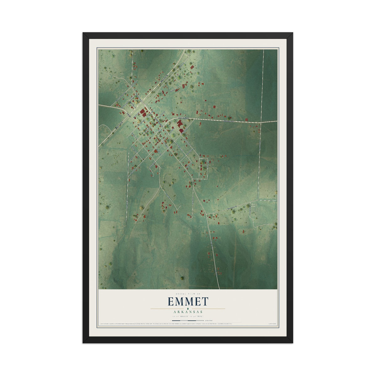 Map of Emmet, Arkansas, 12 x 18 inch print in a black wood frame
