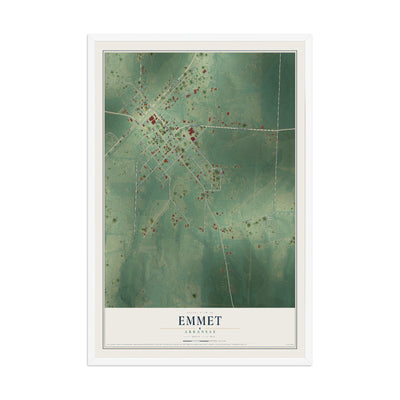 Map of Emmet, Arkansas, 12 x 18 inch print in a white wood frame