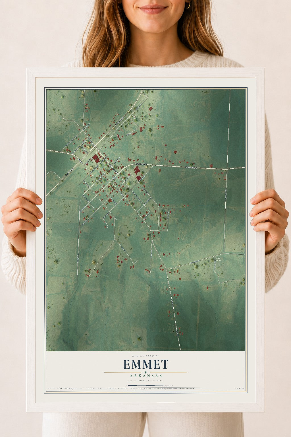 Map of Emmet, Arkansas, 18 x 24 inch print in a white wood frame