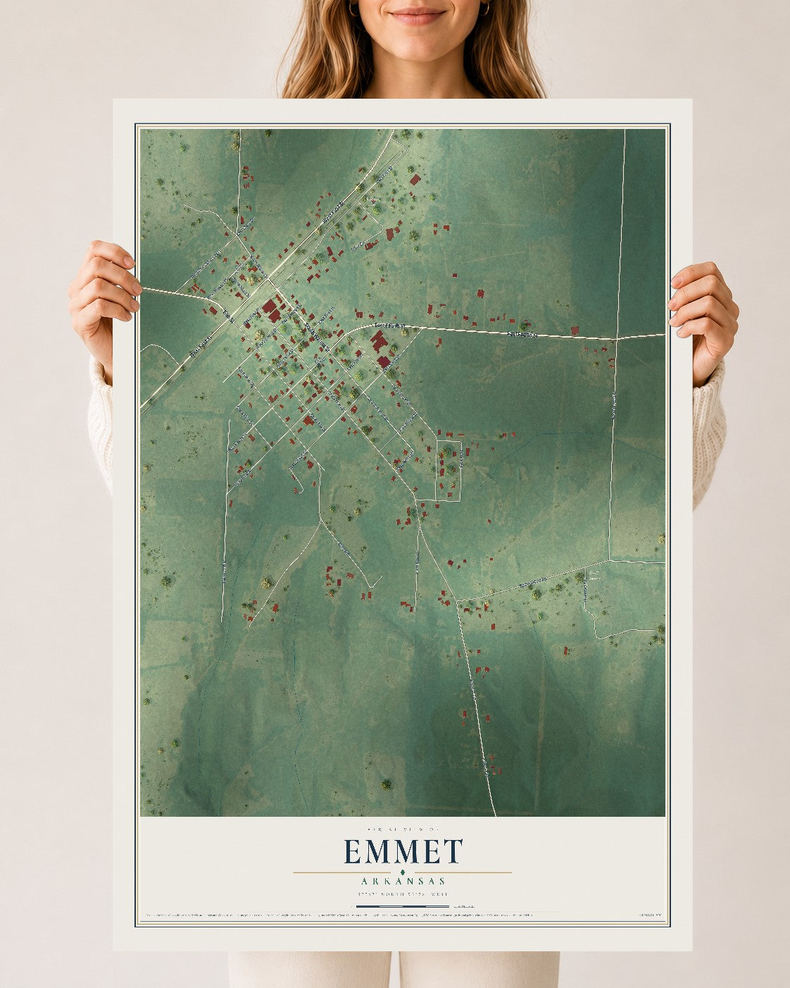 Map of Emmet, Arkansas, 24 x 36 inch unframed archival matte print