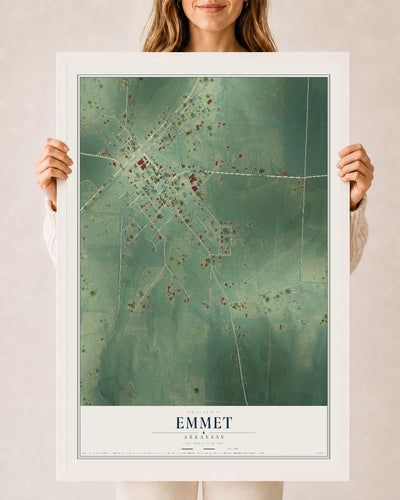 Map of Emmet, Arkansas, 24 x 36 inch print in a white wood frame