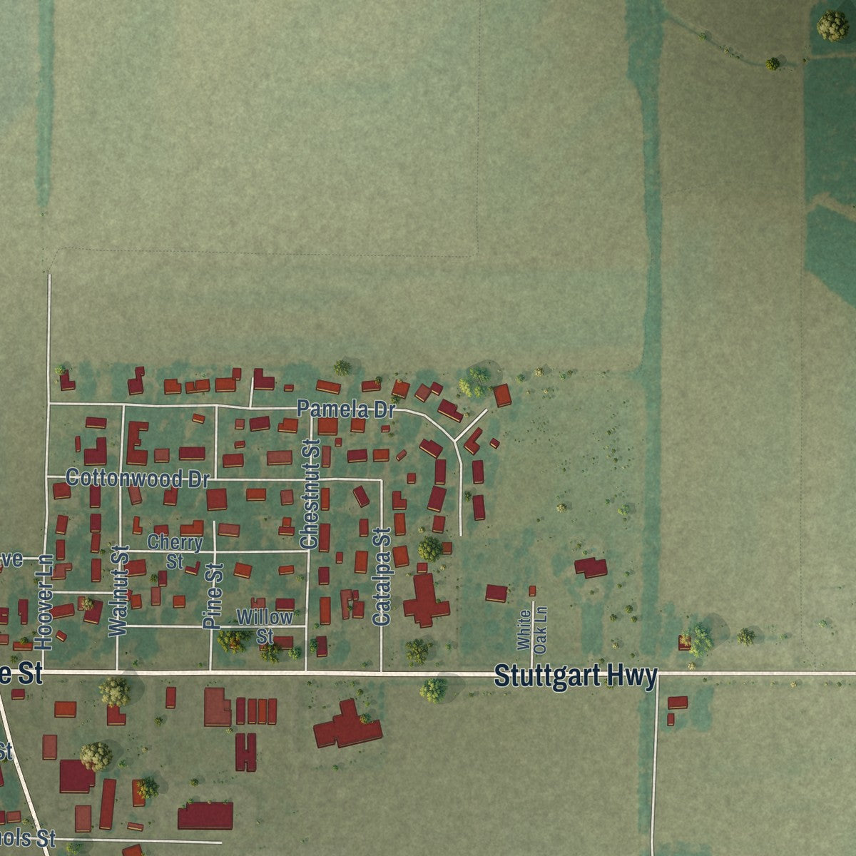 Second close-up of the map of England, Arkansas print showing more streets and buildings